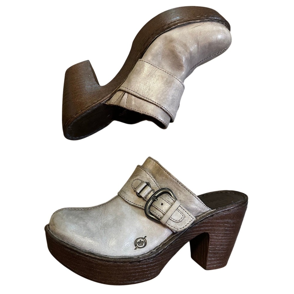 Born Taupe Leather Platform Clogs Women's 8